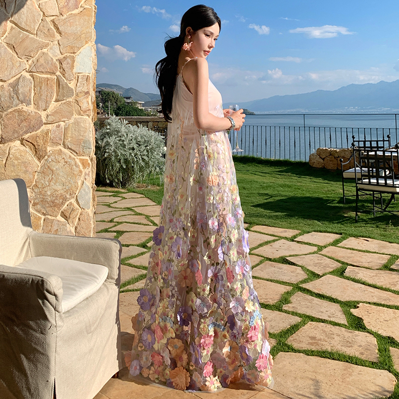 Stereoscopic floral sling vacation temperament dress