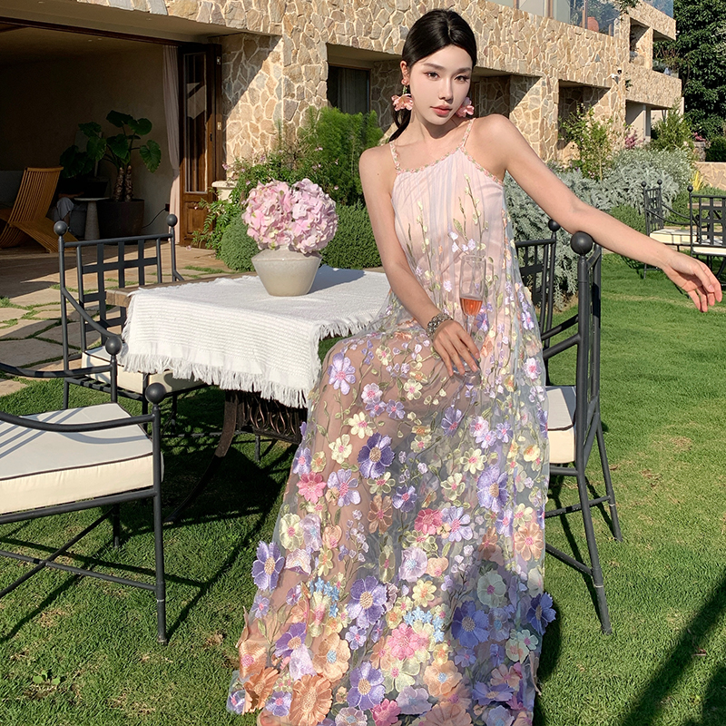 Stereoscopic floral sling vacation temperament dress