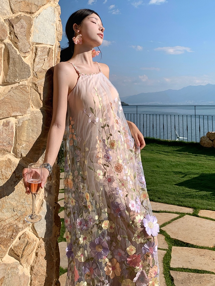 Stereoscopic floral sling vacation temperament dress