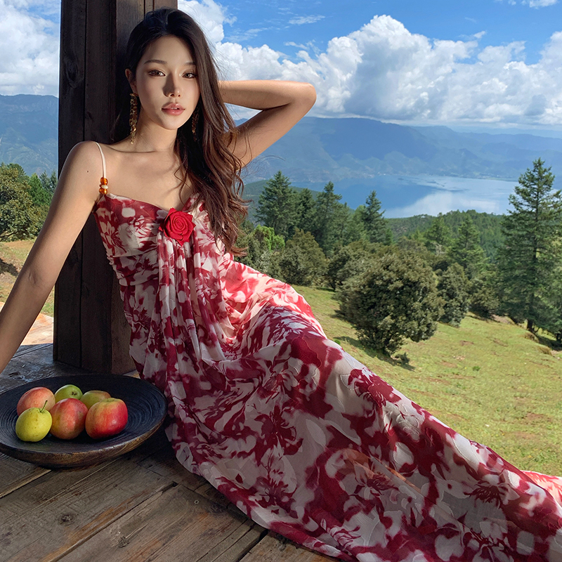 Temperament floral slim rose pinched waist dress for women