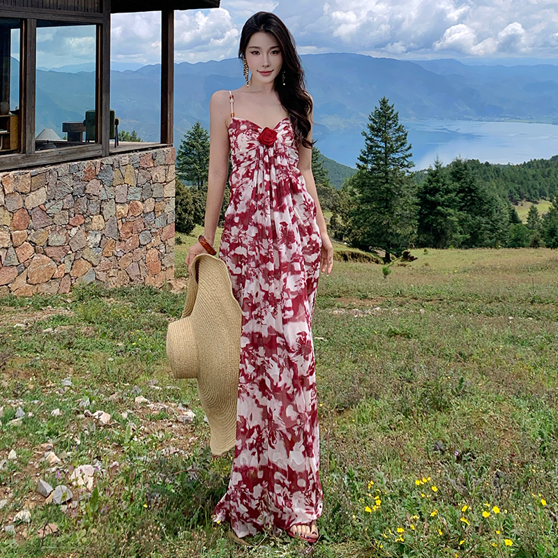 Temperament floral slim rose pinched waist dress for women