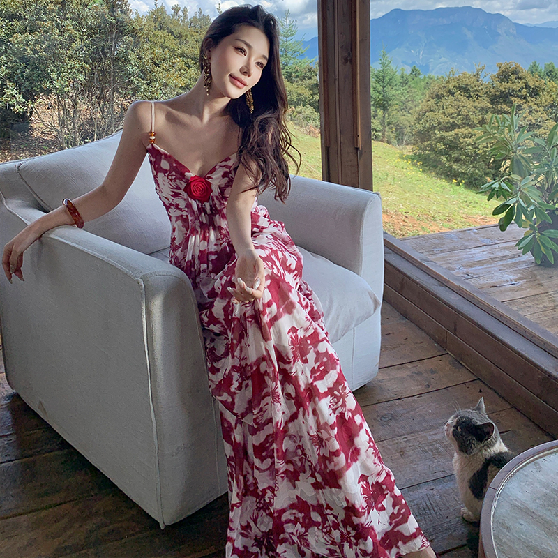 Temperament floral slim rose pinched waist dress for women