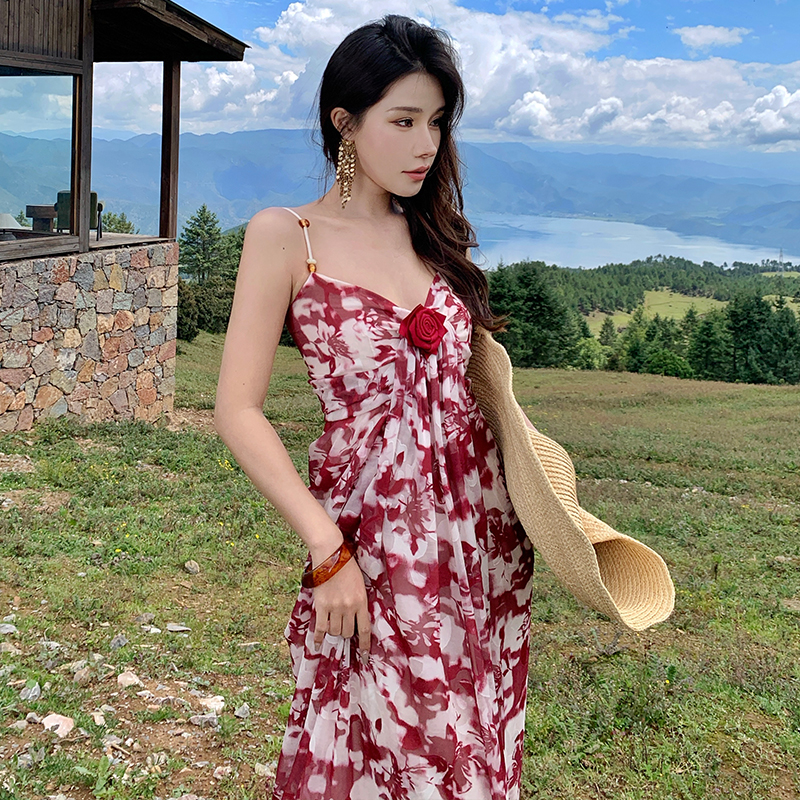 Temperament floral slim rose pinched waist dress for women