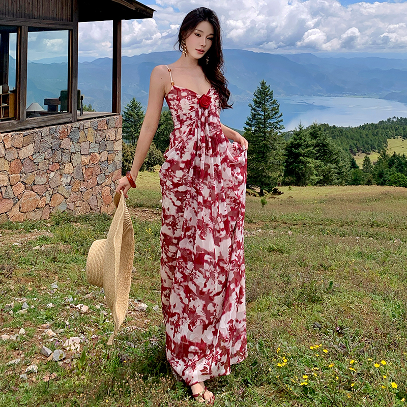 Temperament floral slim rose pinched waist dress for women