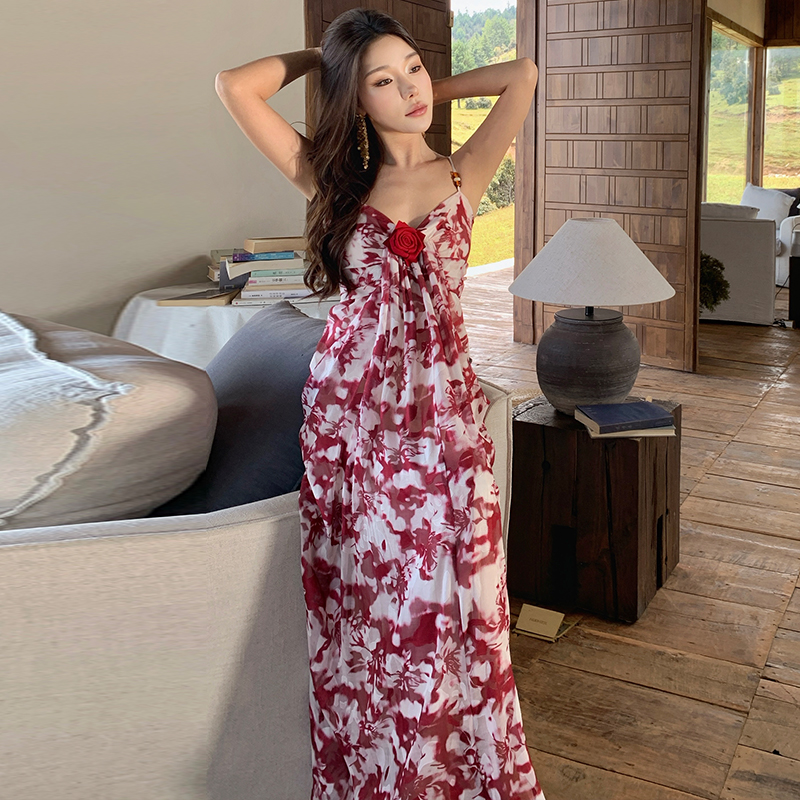 Temperament floral slim rose pinched waist dress for women