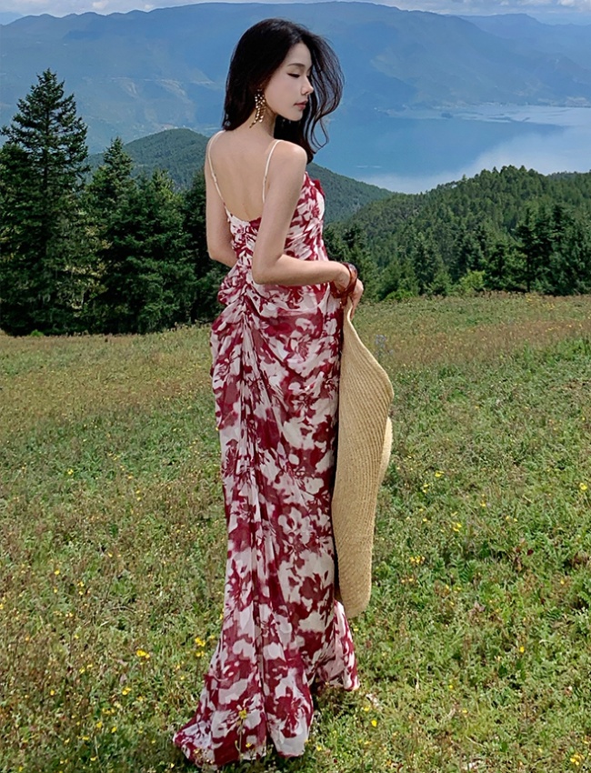 Temperament floral slim rose pinched waist dress for women