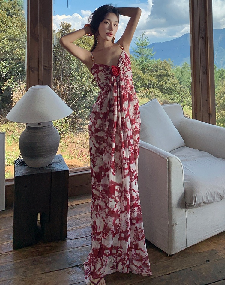 Temperament floral slim rose pinched waist dress for women