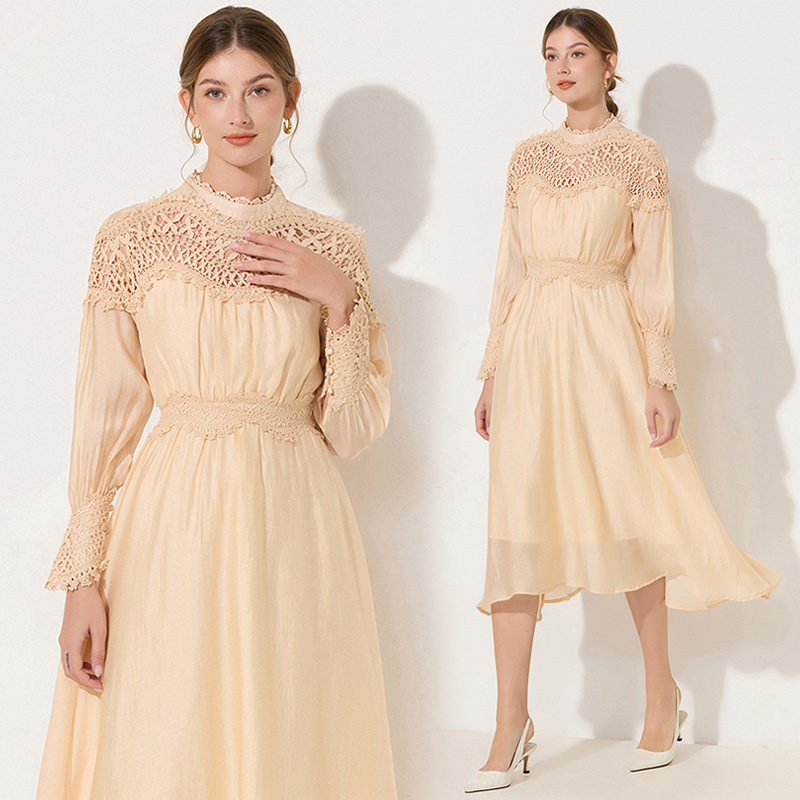 Autumn hollow lace big skirt cstand collar dress