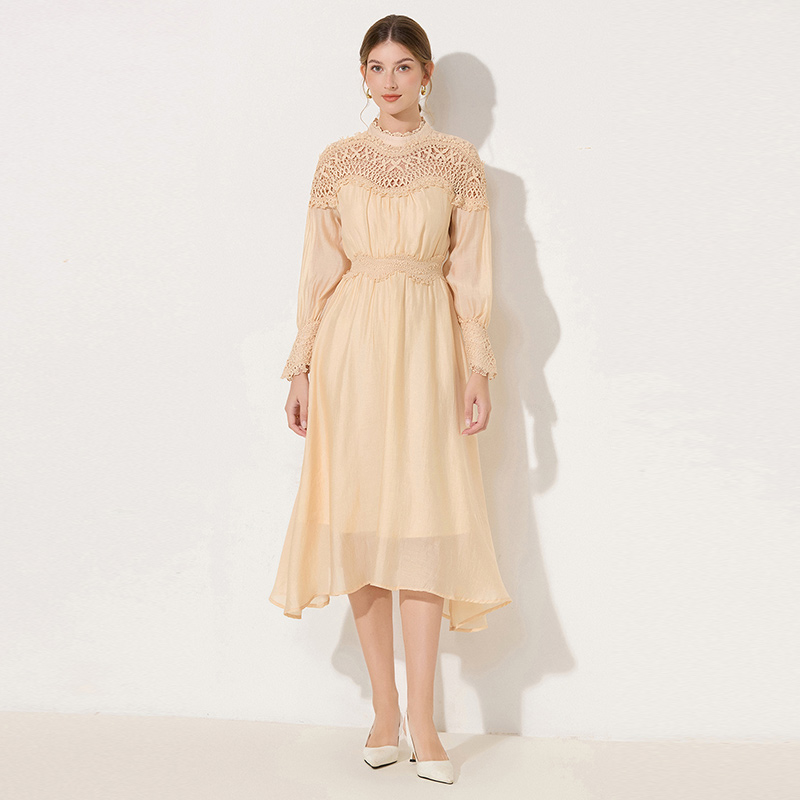 Autumn hollow lace big skirt cstand collar dress