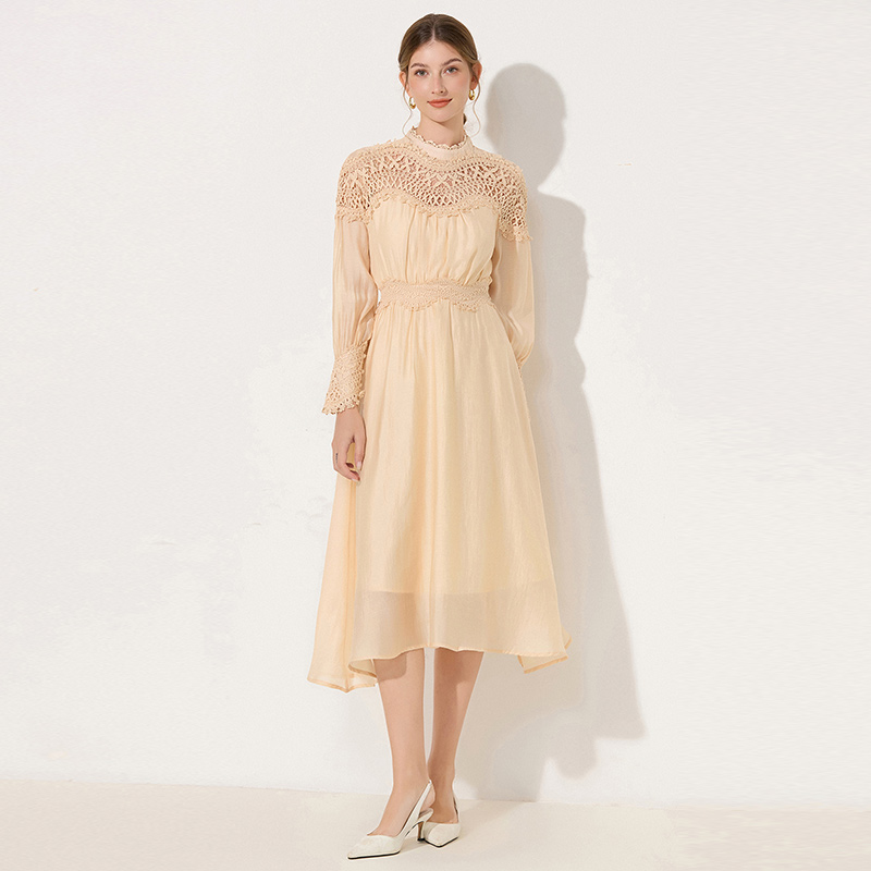 Autumn hollow lace big skirt cstand collar dress