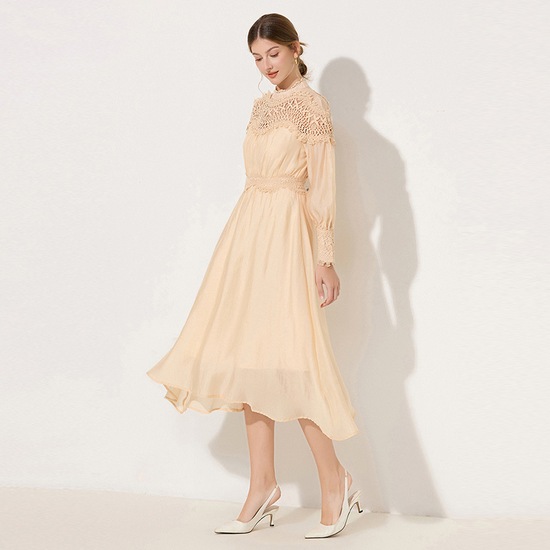 Autumn hollow lace big skirt cstand collar dress