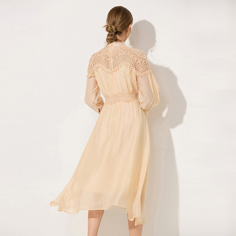 Autumn hollow lace big skirt cstand collar dress