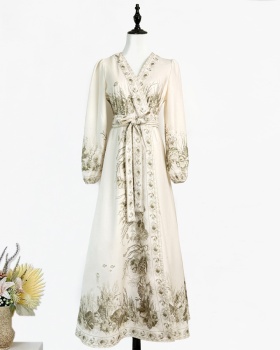 V-neck green lantern long dress floral a slice wrap dress