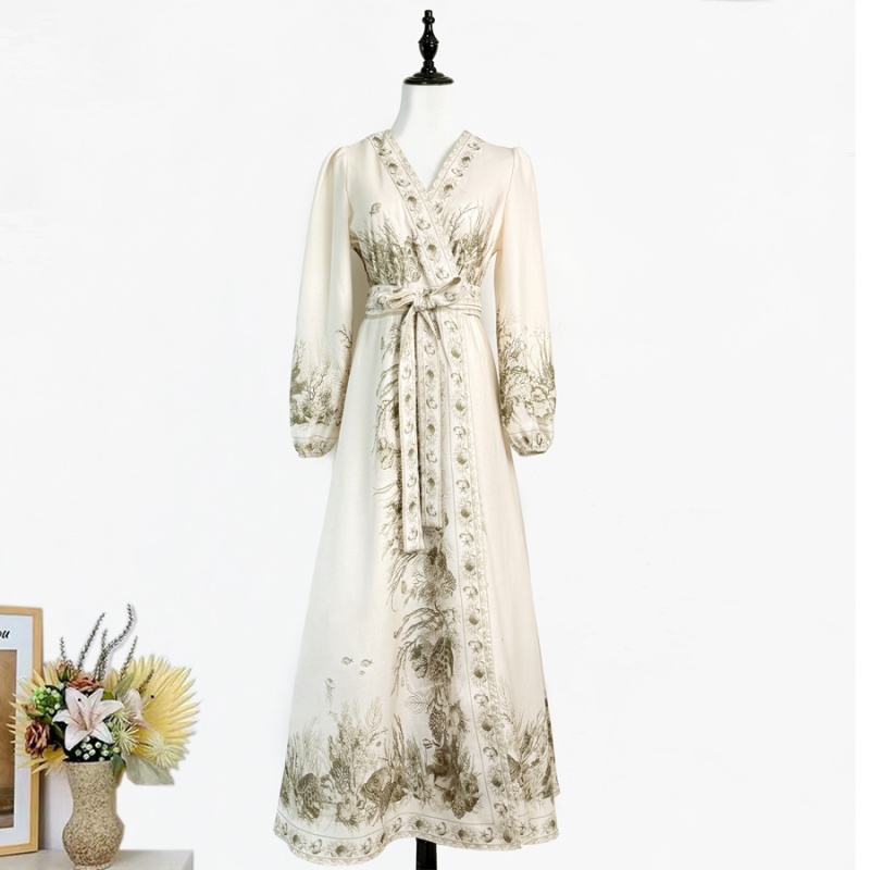 V-neck green lantern long dress floral a slice wrap dress