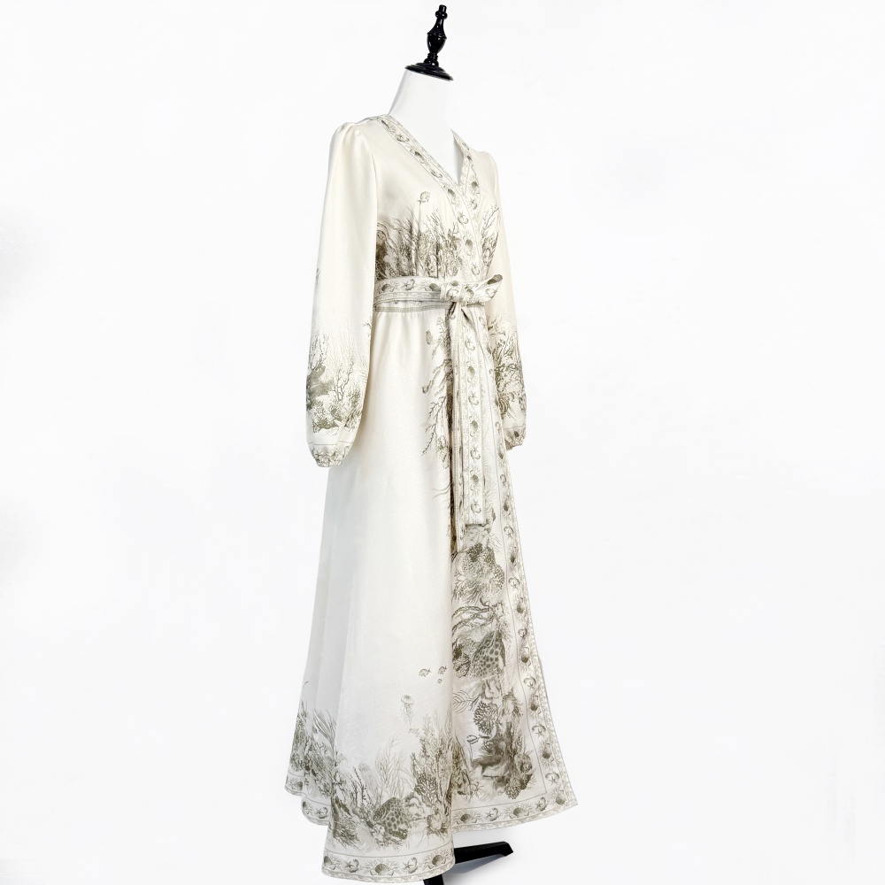 V-neck green lantern long dress floral a slice wrap dress