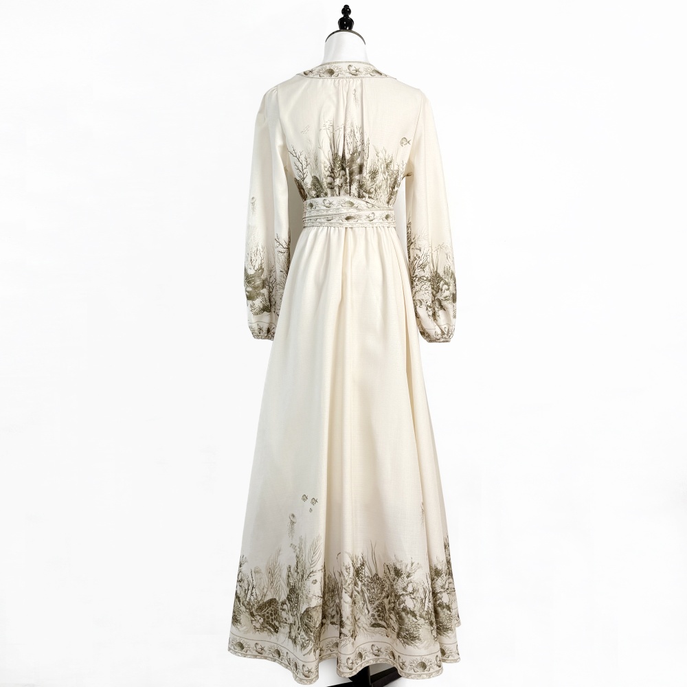 V-neck green lantern long dress floral a slice wrap dress