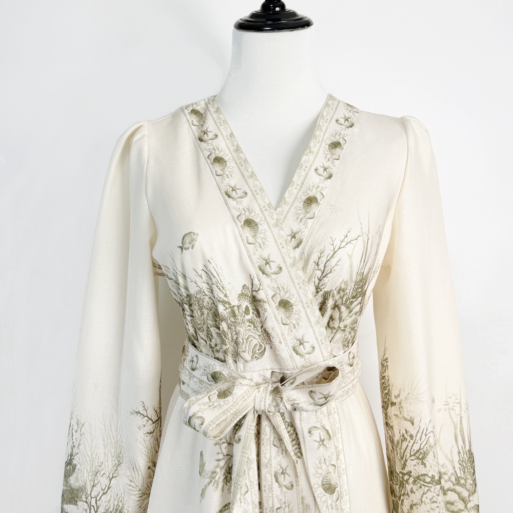 V-neck green lantern long dress floral a slice wrap dress