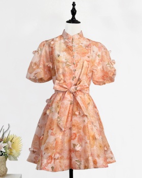 Summer puff sleeve printing short sleeve dress 2pcs set