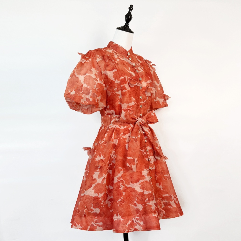 Summer puff sleeve printing short sleeve dress 2pcs set