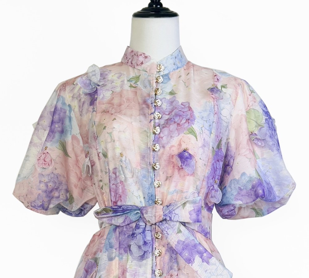 Summer puff sleeve printing short sleeve dress 2pcs set