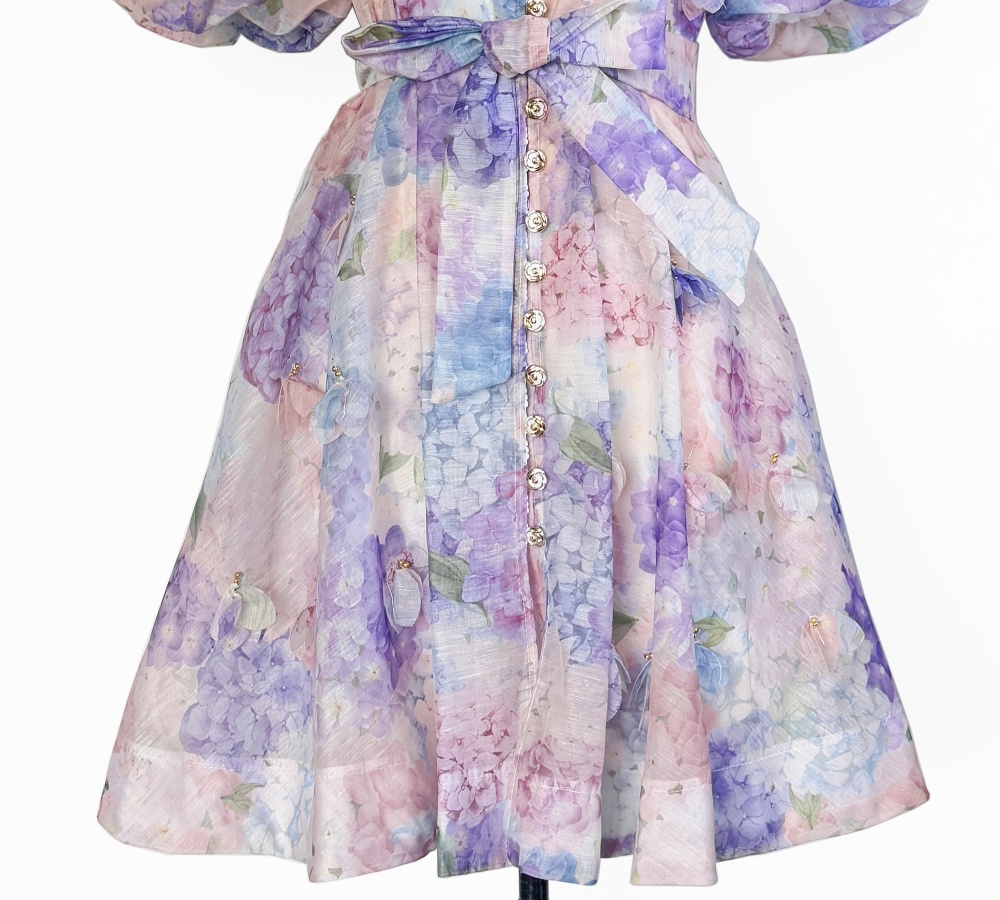 Summer puff sleeve printing short sleeve dress 2pcs set