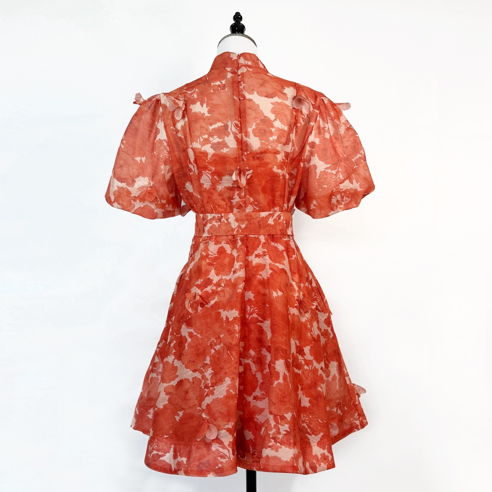 Summer puff sleeve printing short sleeve dress 2pcs set