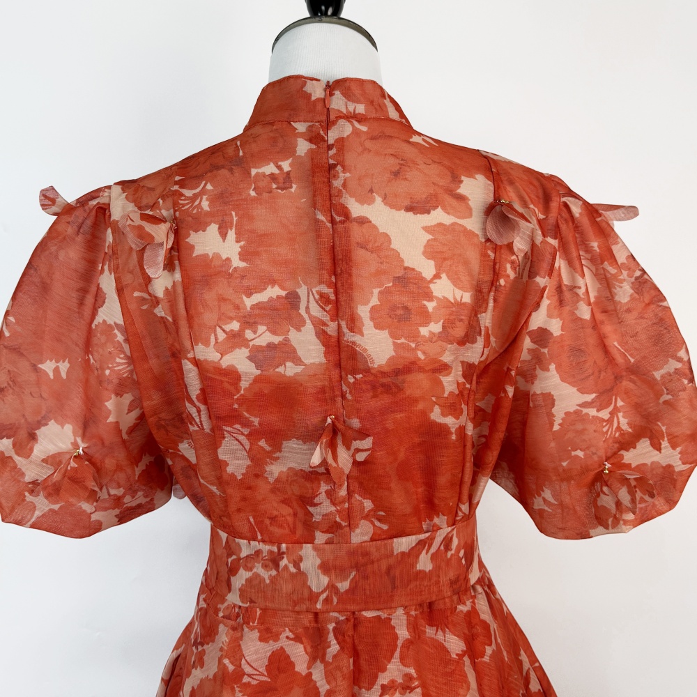 Summer puff sleeve printing short sleeve dress 2pcs set