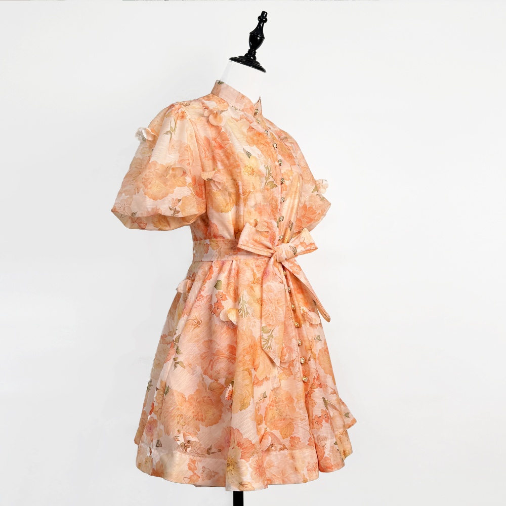 Summer puff sleeve printing short sleeve dress 2pcs set