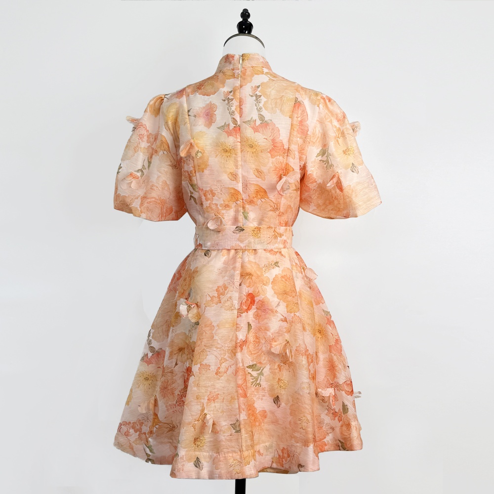 Summer puff sleeve printing short sleeve dress 2pcs set