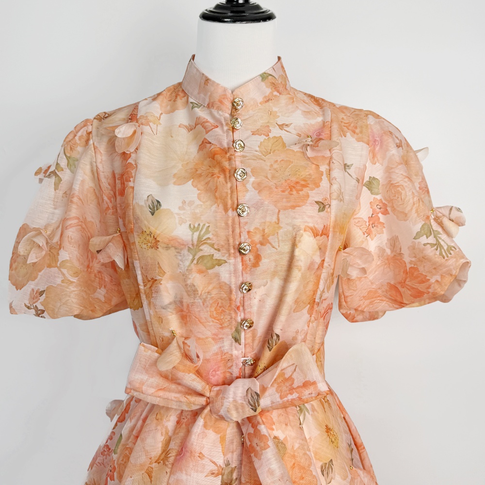 Summer puff sleeve printing short sleeve dress 2pcs set