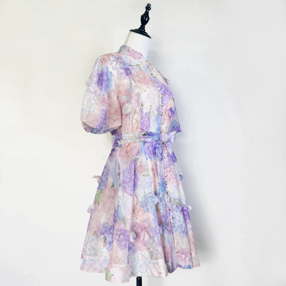 Summer puff sleeve printing short sleeve dress 2pcs set