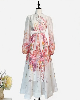 Lantern sleeve single-breasted long dress elegant dress