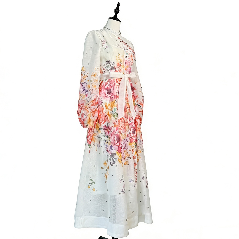 Lantern sleeve single-breasted long dress elegant dress