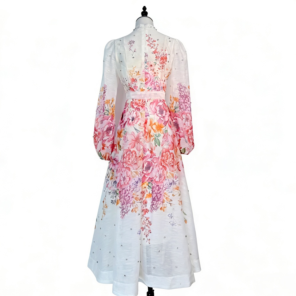 Lantern sleeve single-breasted long dress elegant dress