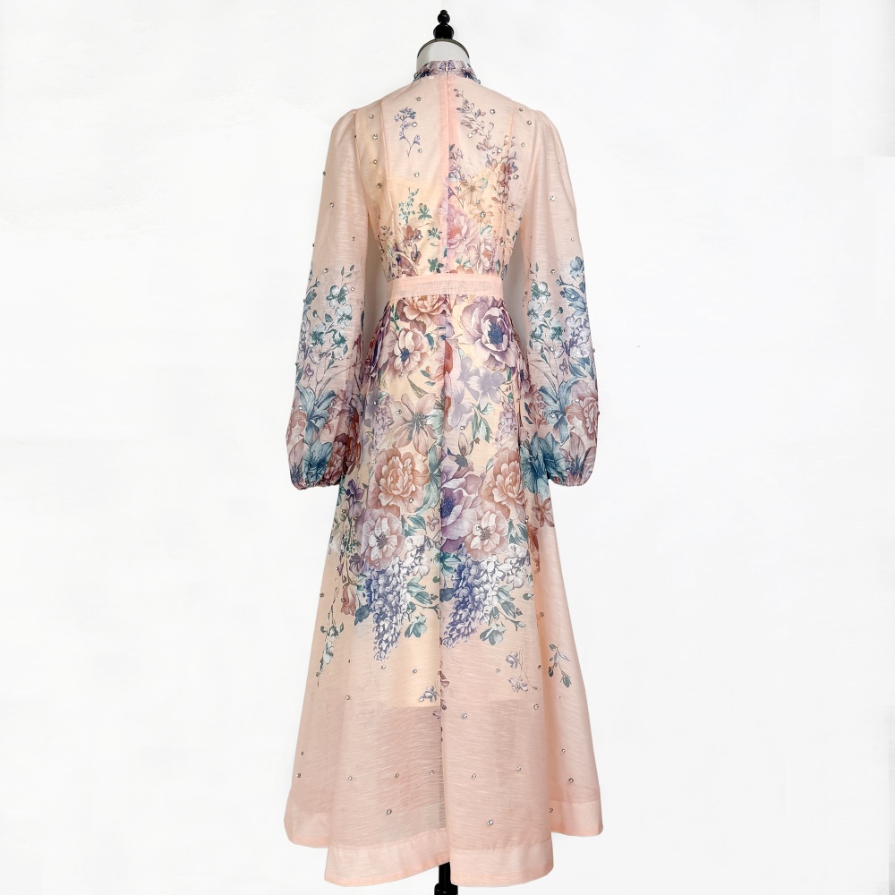 Lantern sleeve single-breasted long dress elegant dress