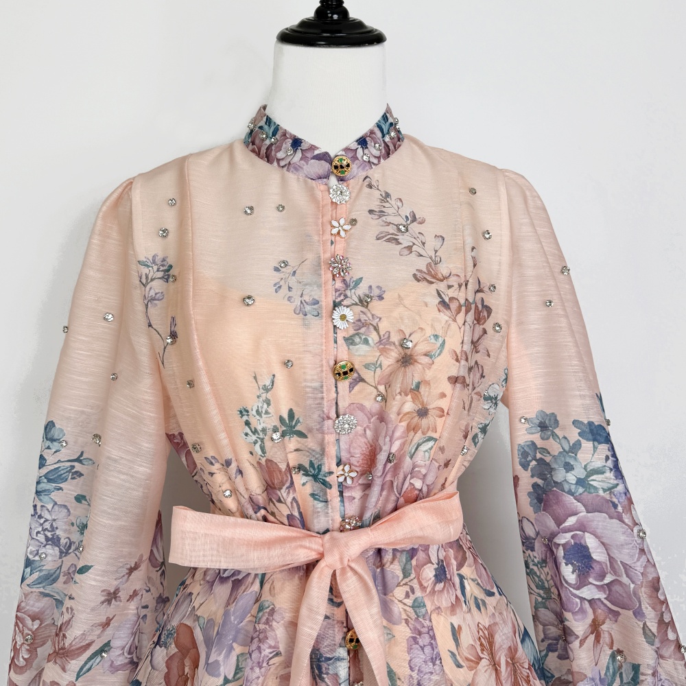 Lantern sleeve single-breasted long dress elegant dress