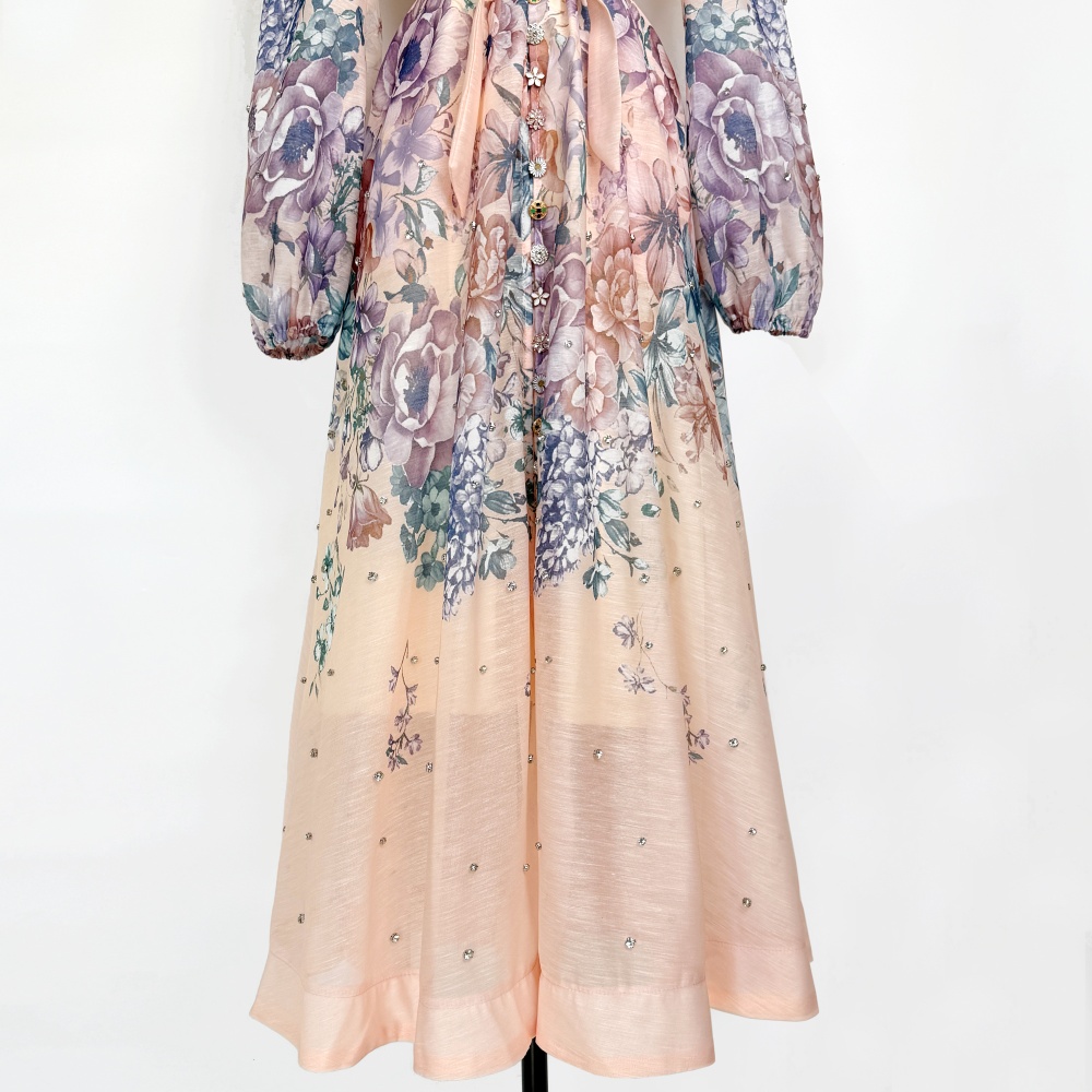 Lantern sleeve single-breasted long dress elegant dress