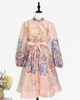 Temperament buckle printing T-back A-line pocket beading dress