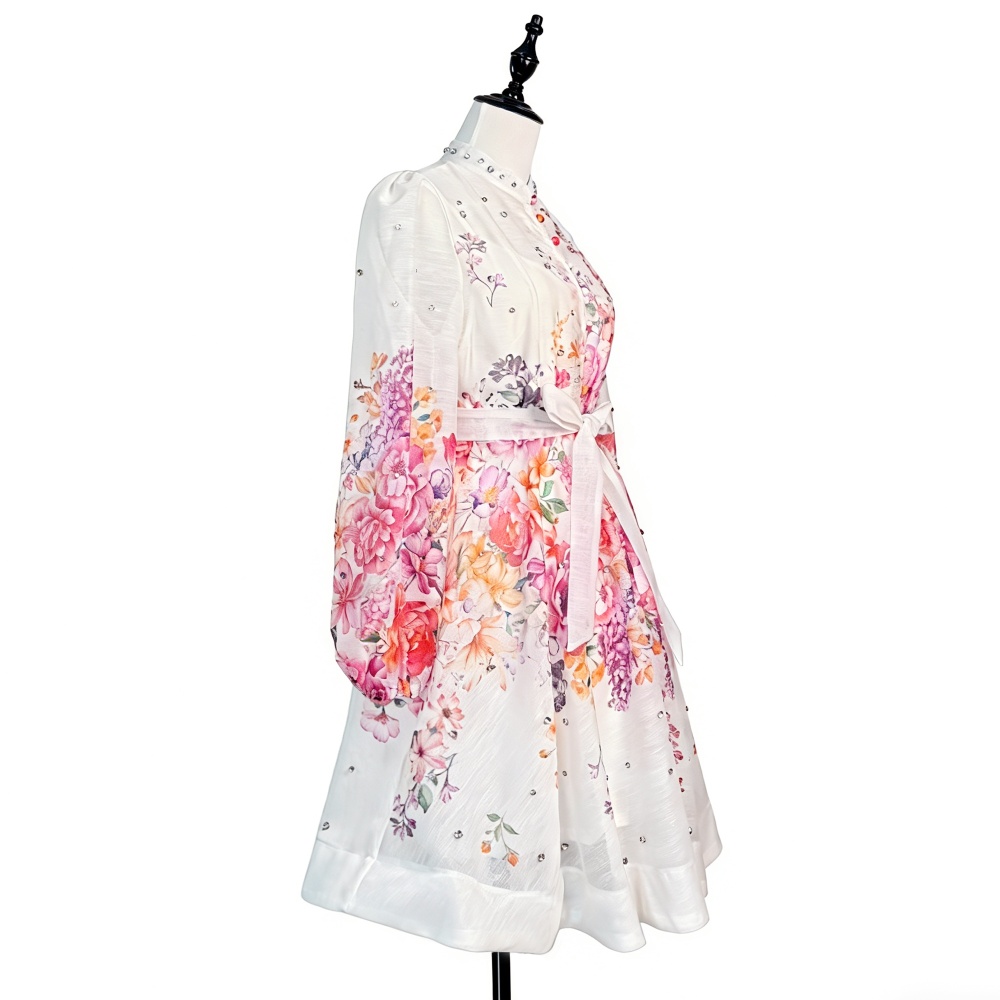 Temperament buckle printing T-back A-line pocket beading dress