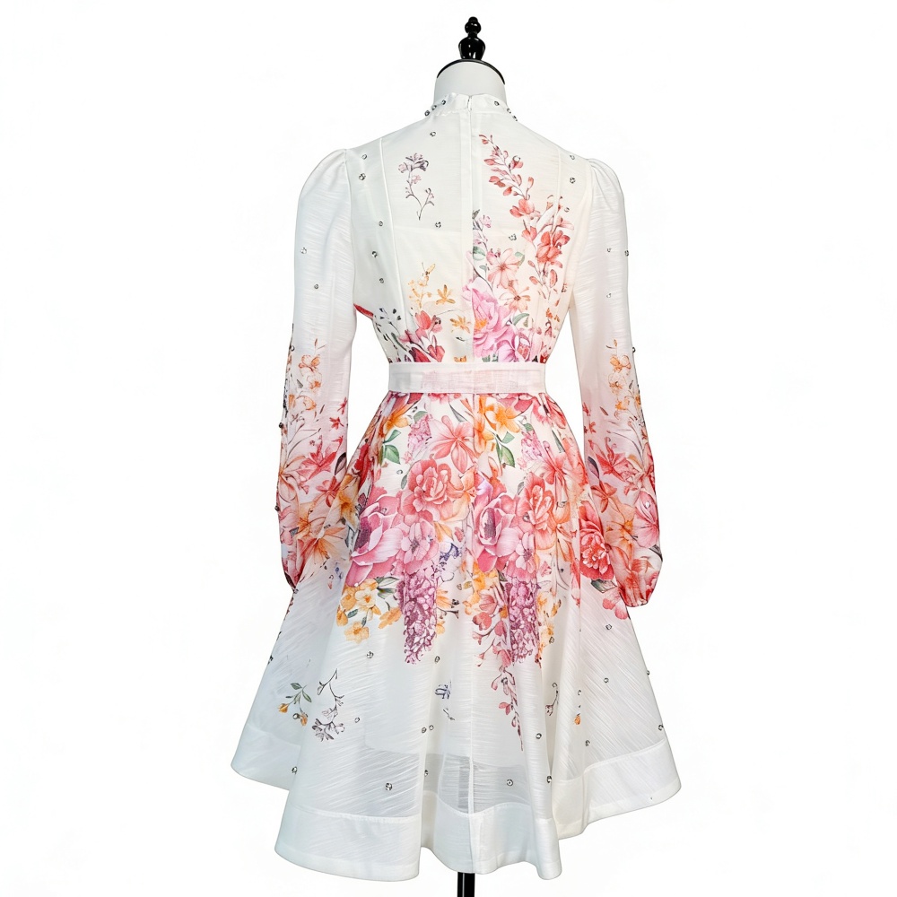 Temperament buckle printing T-back A-line pocket beading dress