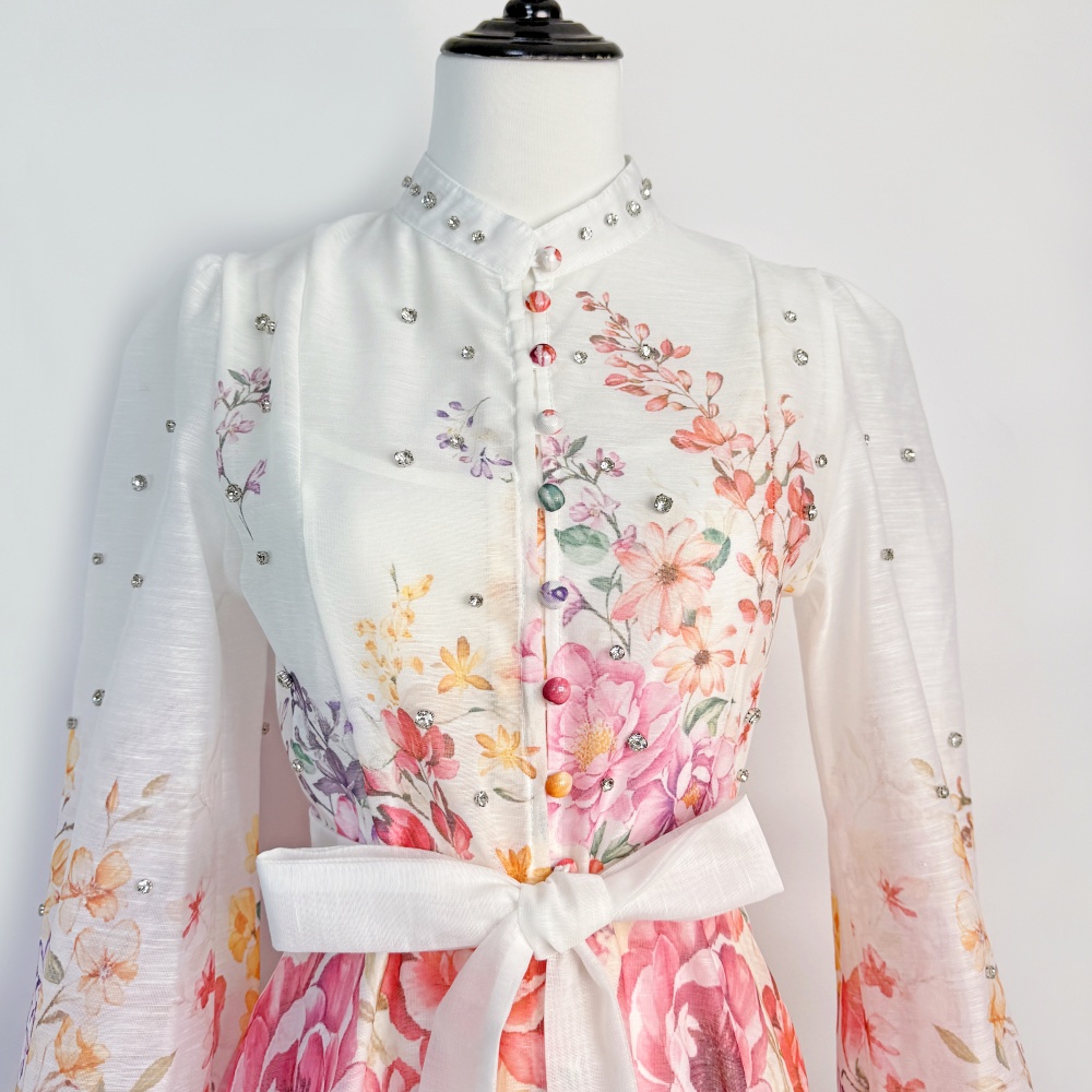 Temperament buckle printing T-back A-line pocket beading dress