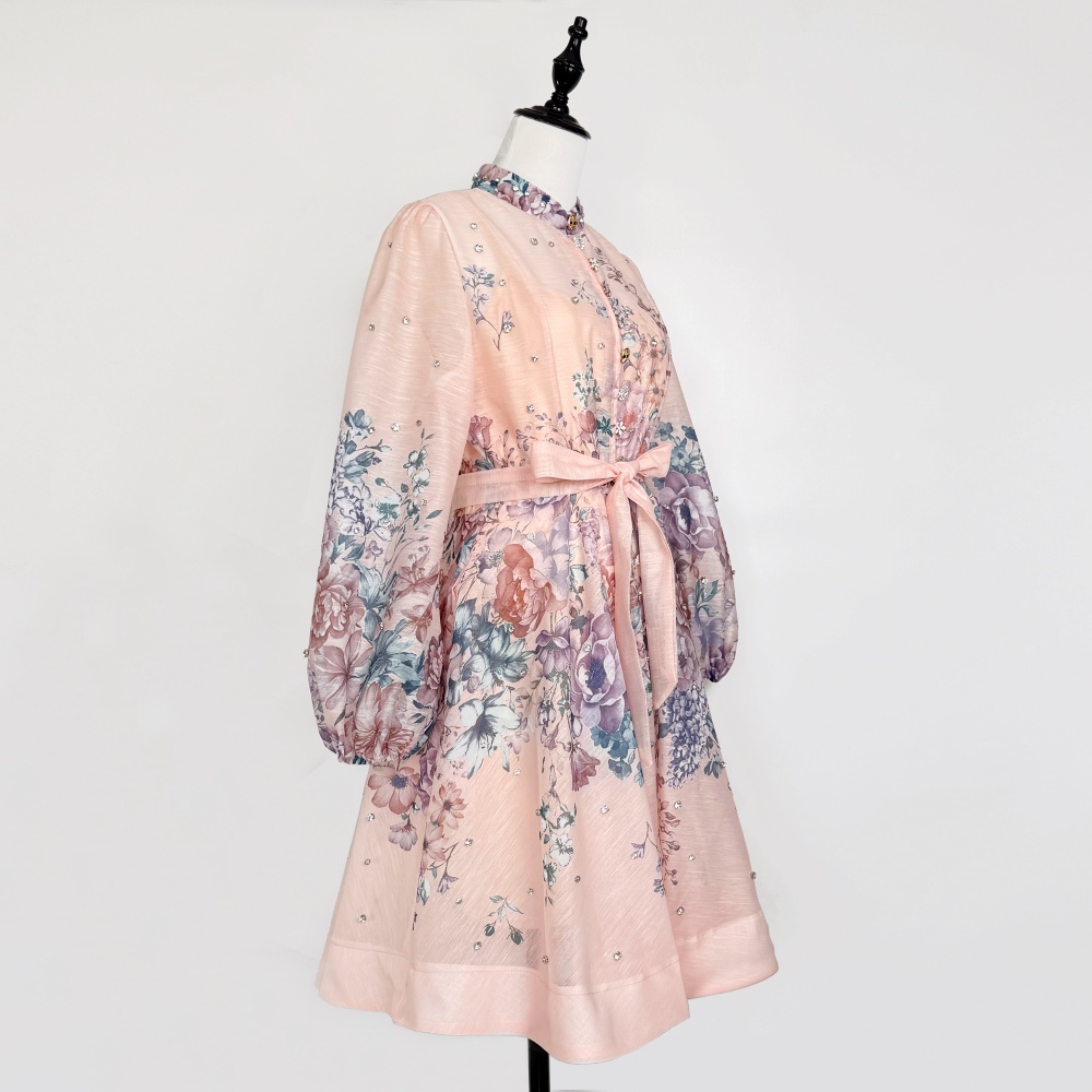 Temperament buckle printing T-back A-line pocket beading dress