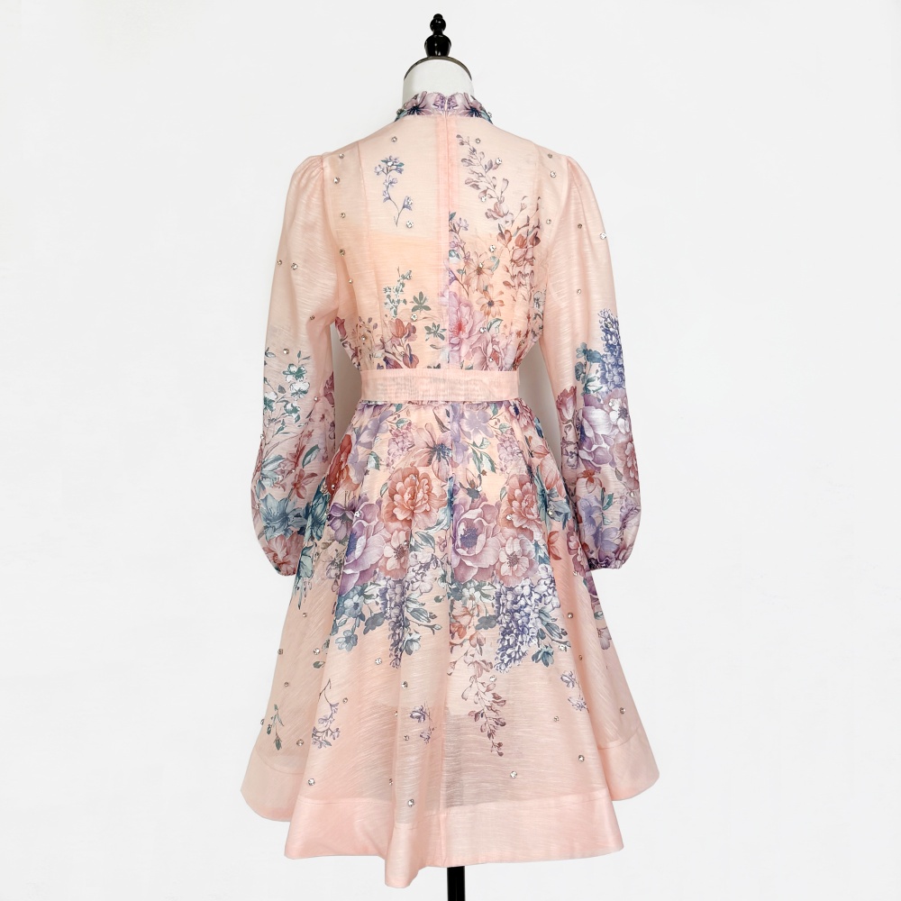 Temperament buckle printing T-back A-line pocket beading dress