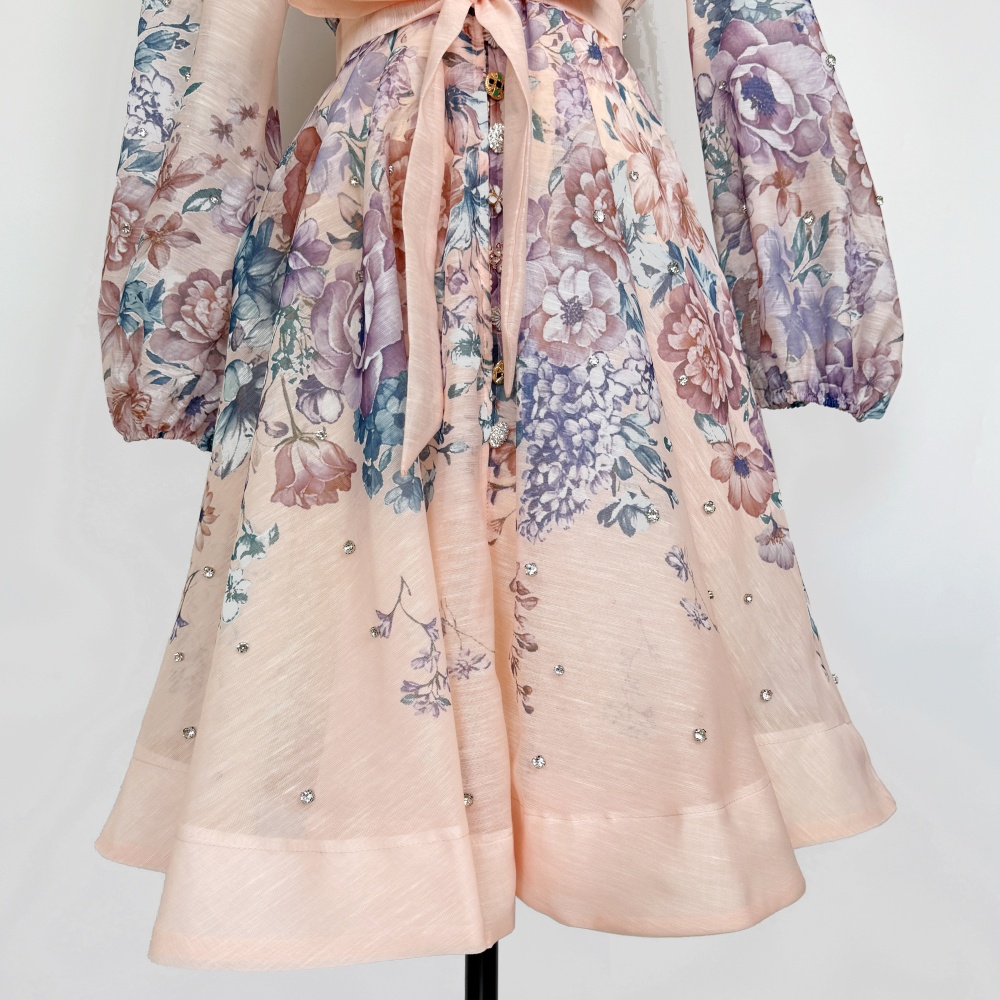 Temperament buckle printing T-back A-line pocket beading dress