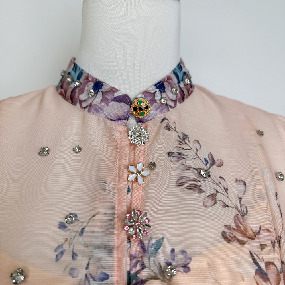 Temperament buckle printing T-back A-line pocket beading dress