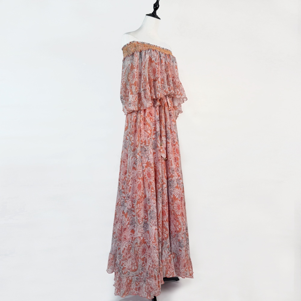 Horizontal collar vacation dress strapless lady long dress