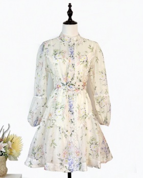 Half high collar European style T-back printing lace dress