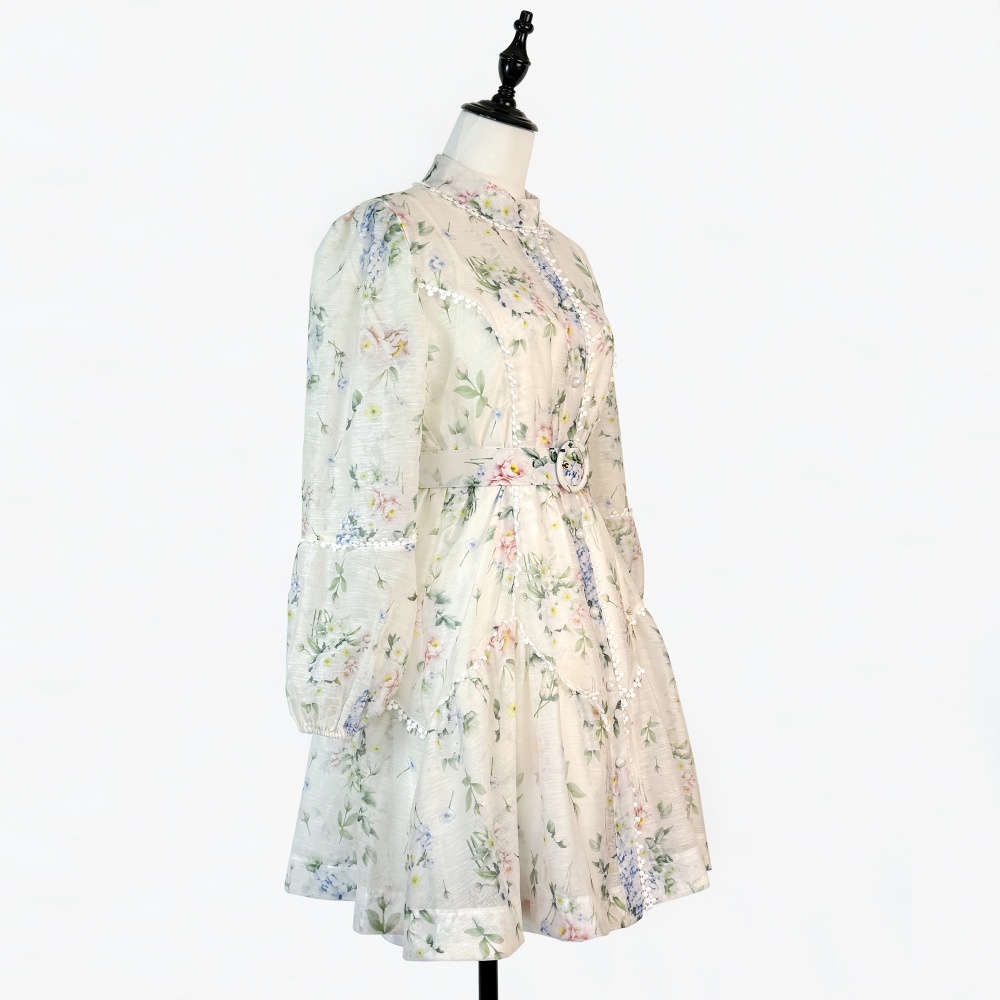 Half high collar European style T-back printing lace dress