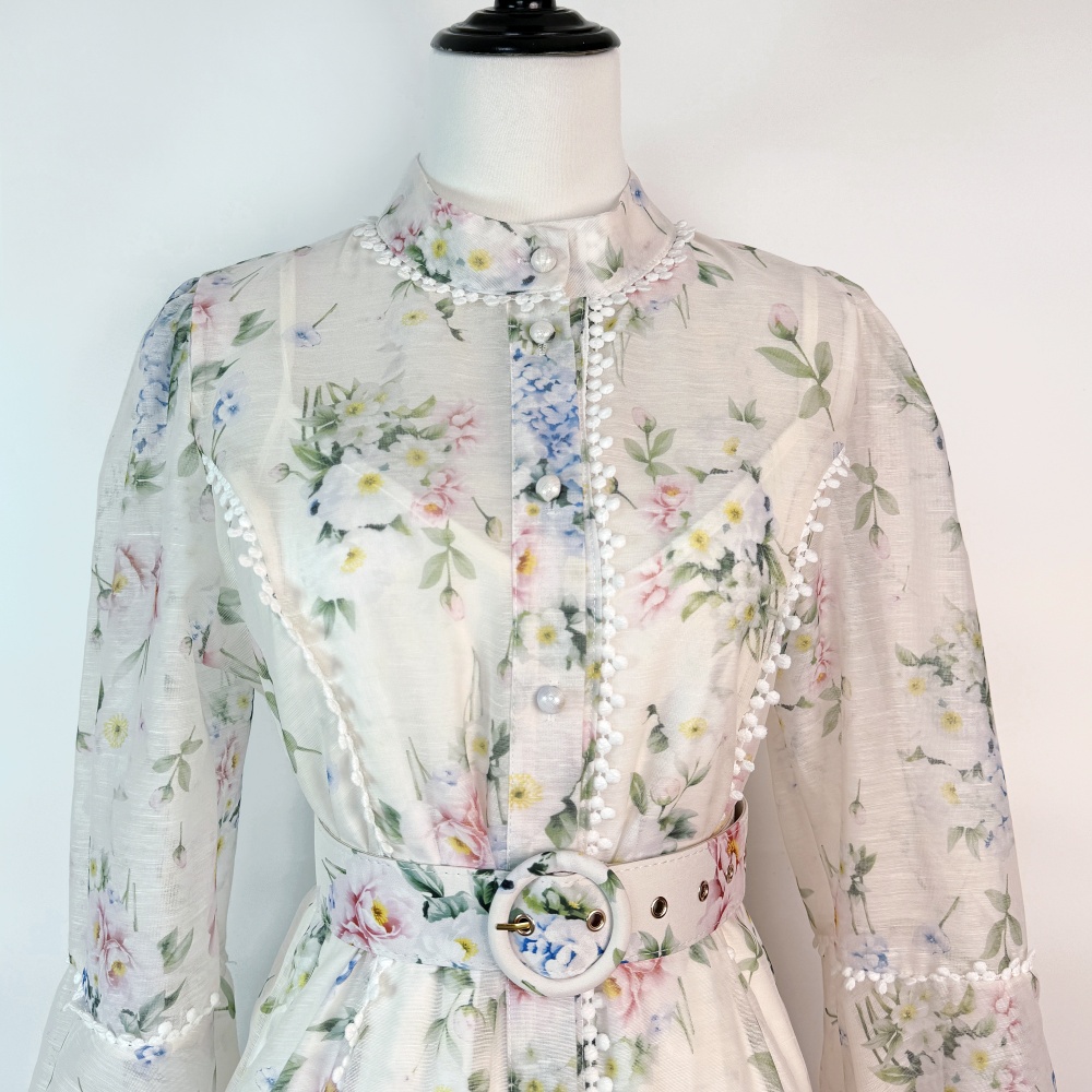 Half high collar European style T-back printing lace dress