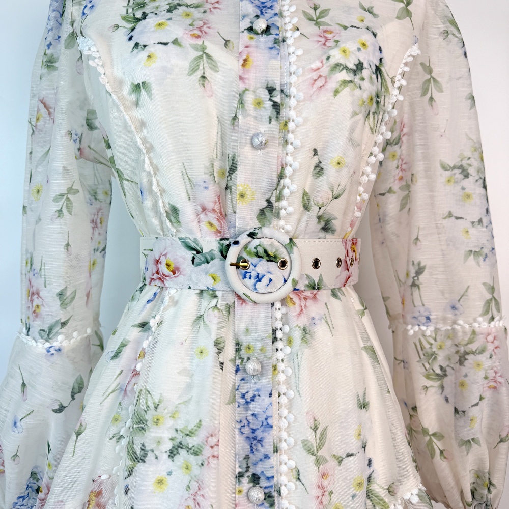 Half high collar European style T-back printing lace dress